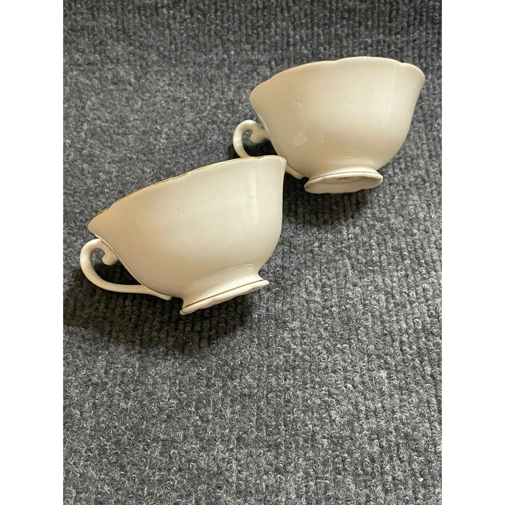 Vintage Maruyama Japan Porcelain Floral Teacups Set of 2 Pink Gold Scalloped Rim